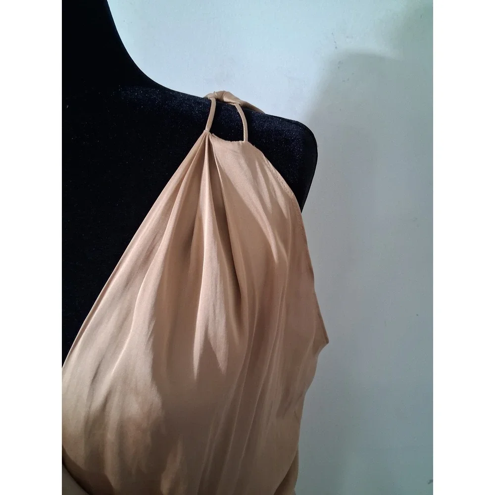 Reset by Jane Champagne Satin Draped Twist Front V-Back Midi Dress Womens Size M